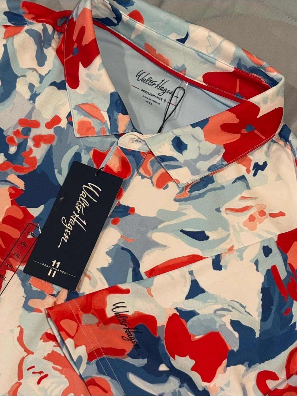 Walter Hagen Red, Blue & White Abstract Floral Performance Golf Polo, XXL